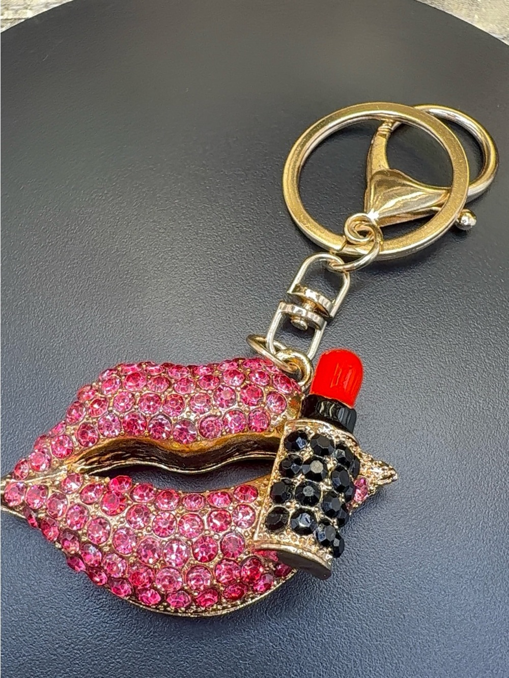 Gold-Tone Lip & Lipstick Crystal Keychain - Pink